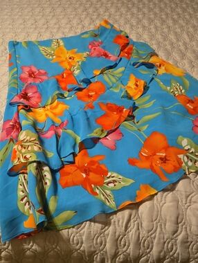 Chaps Blue Tropical Floral Midi Skirt with Ruffle Trim NWTs Barbados Wht/Trq